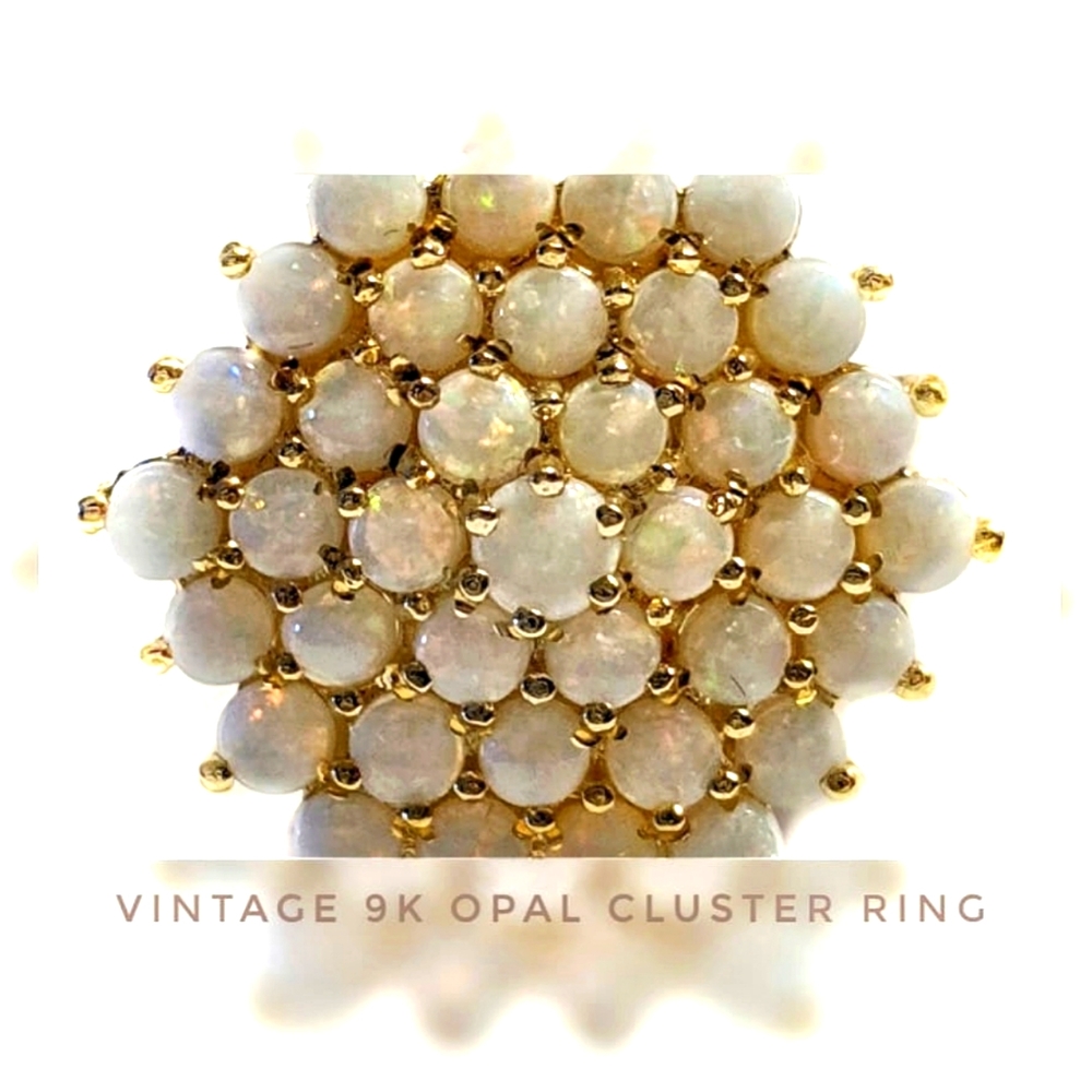 Vintage 9K Yellow Gold Tiered White Fire Opal Cluster Ring